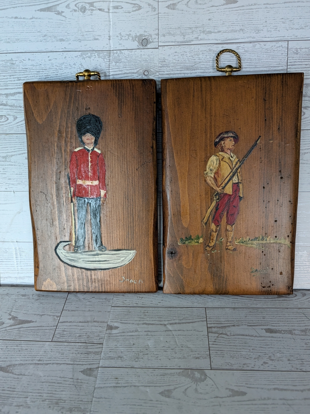 Vintage Rustic 1970s Wood Block Military Art - Signed Staub (Set of 2)